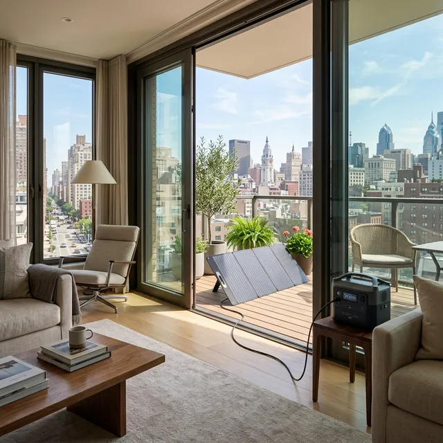 Placas solares plegables en un balcón soleado