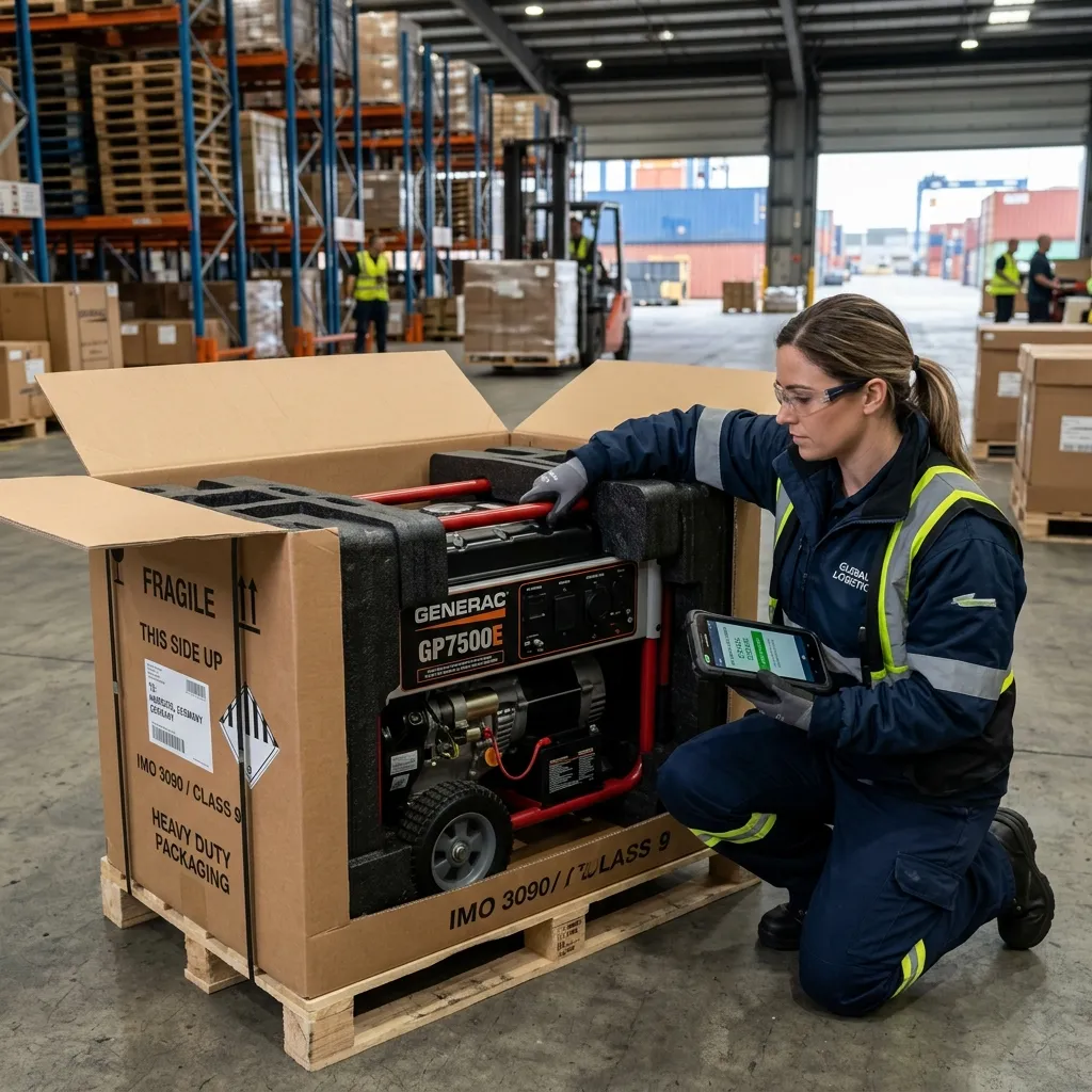 Technicians inspecting and double-boxing a generator inside a warehouse
