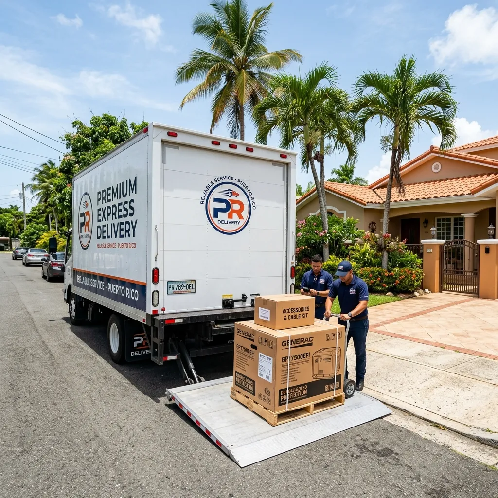 Delivery truck with liftgate lowering a generator box on a pallet