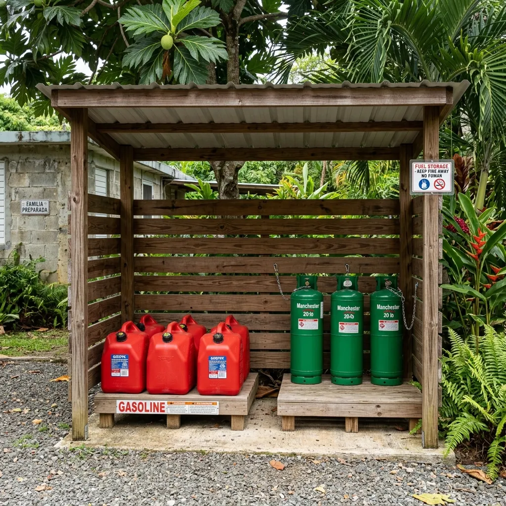 A neat outdoor fuel shelter storing gasoline and propane safely