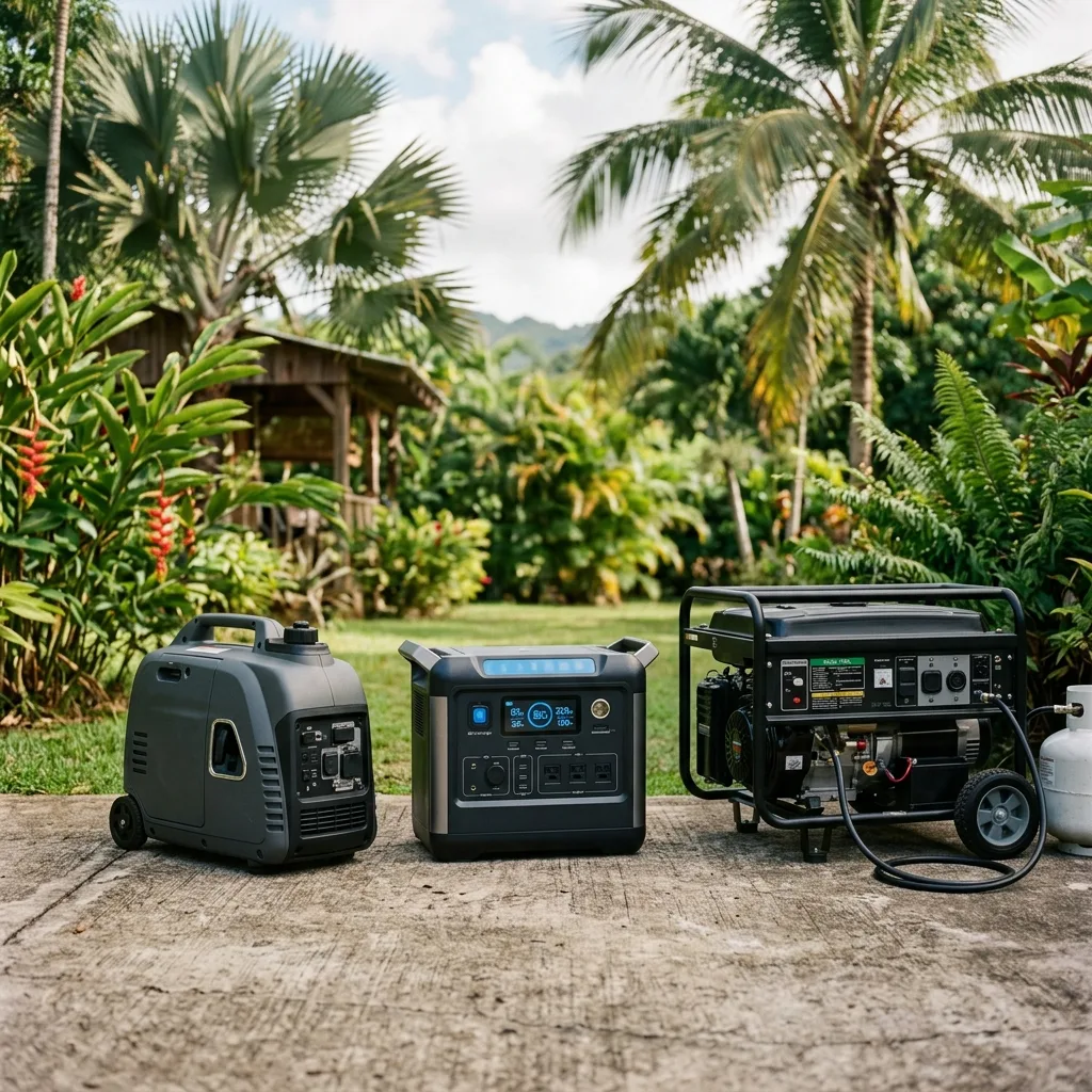 Three types of generators compared: inverter generator, battery power station, and dual-fuel generator