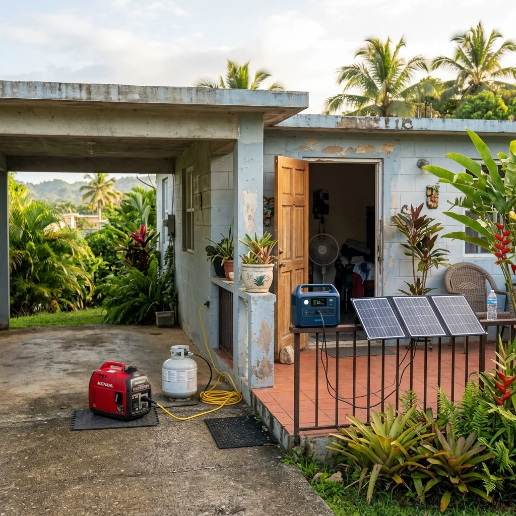 Hybrid generator setup at a Puerto Rico home with inverter generator, battery station, and solar panels